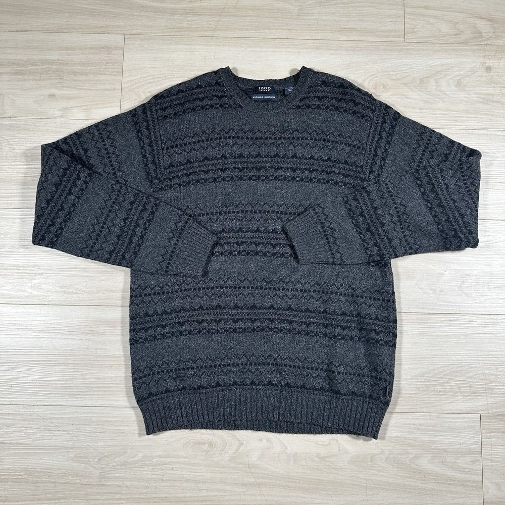 IZOD 100% Lambswool Knit Sweater Men Large Army Gray Navy Crewneck 90s Soft